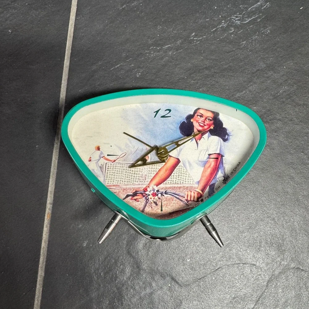Vintage Pin Up Girl Bicycle Tennis Alarm Desk Clock Teal‎ Triangular Wind Up